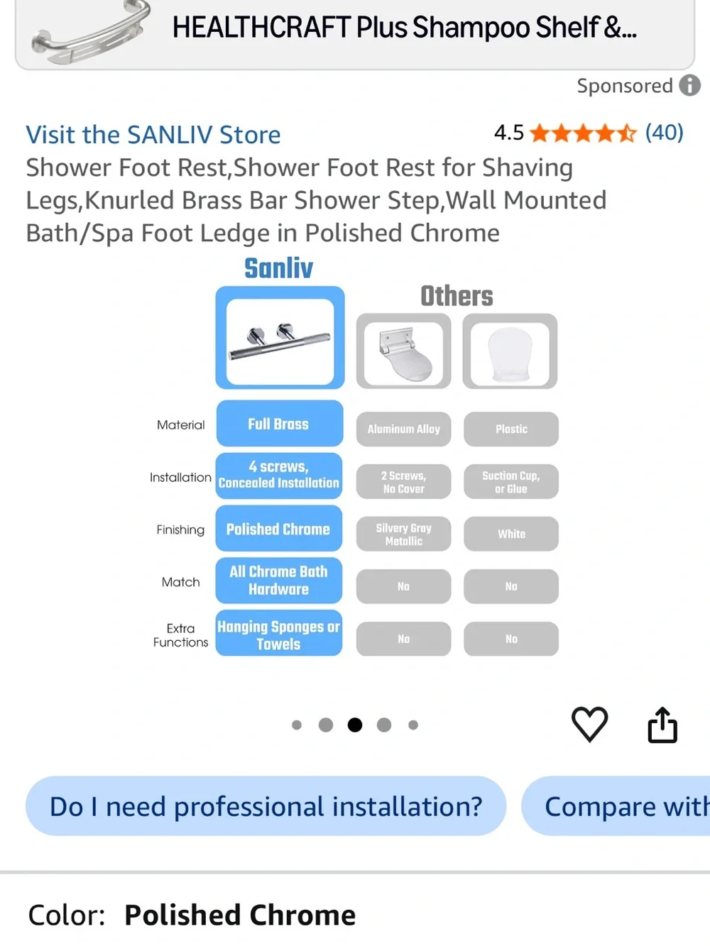 Polished Chrome Wall-Mounted Shower Foot Rest by